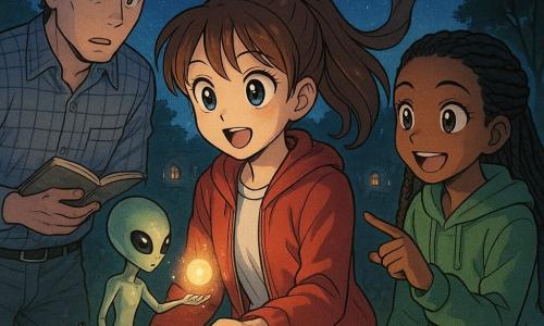 Main girl, 12, Mira — awed and determined — brown ponytail, light red jacket, wide bright eyes; she holds a small round crystal lantern with swirling stardust and reaches toward a small glowing orb. Her friend Jada, ~12 — excited and mischievous — braided hair, green sweatshirt, stands to Mira’s right, smiling and pointing at the creature. Adult man Mr. Venn, ~45 — surprised and cautious — plaid shirt, notebook in hand, slightly behind to the left, leaning forward to observe without intervening. The alien Kett — small, slender, iridescent green-silver skin, slightly oversized head, soft black eyes; emerging from a seed-like pod with six petal panels unfolding, offering a floating light orb. Setting: ridge behind a small science museum at night, dark grass, tree silhouettes, deep starry sky, distant streetlights off, human lanterns forming colored halos. Main situation: first contact moment — the luminous seed opens like a mechanical flower, the alien extends the orb toward Mira while twelve human lanterns form a glowing circle around them; a soft, mysterious, warm atmosphere with contrasting lights (blue stardust, pale orb, warm lanterns).