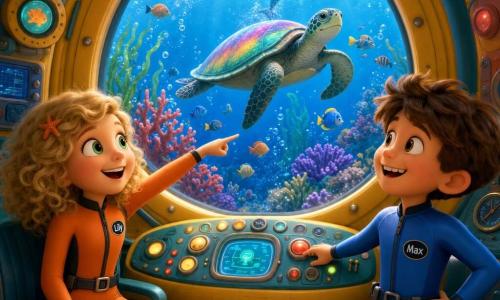 Two main characters: Lily, 5, curly blonde hair, bright green eyes and an amazed smile, wearing a small orange diving suit and sitting left by a porthole pointing outside; Max, 5, short chestnut hair, prominent front teeth when he smiles and a curious look, wearing a blue diving suit and standing right with a hand on the control panel watching the fish. Inside a small magical submarine in bright yellow and turquoise with rounded walls and softly lit round-buttoned panels, a large circular porthole shows a colorful coral garden—red and purple corals, swaying green seaweed, multicolored fish and a large sea turtle with an iridescent rainbow shell swimming before the window; silver dolphins leap outside and the turtle guides them, with sparkling blue light, rising bubbles and a joyful adventurous atmosphere.