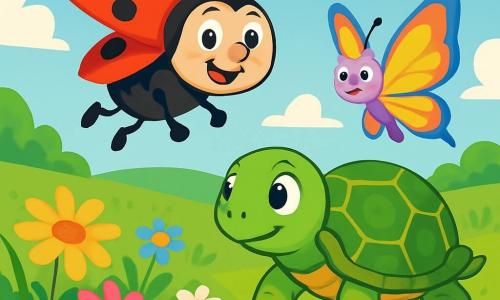 A ladybug named Lilly, with a bright red back dotted with seven shiny black spots, joyfully flies above a field of vibrant flowers. Her sparkling eyes and radiant smile show her excitement and determination. Beside her, Max, a wise turtle with a green shell adorned with golden patterns, moves slowly, carefully observing the surroundings. Bella, a delicate butterfly with multicolored wings, flutters around them, her wings shimmering in the sunlight. The background is a vast green field dotted with brightly colored wildflowers under a clear blue sky with fluffy white clouds. The scene depicts Lilly and her friends on a quest for the precious Jewel of the Prairie, with a palpable sense of adventure and camaraderie in the air.