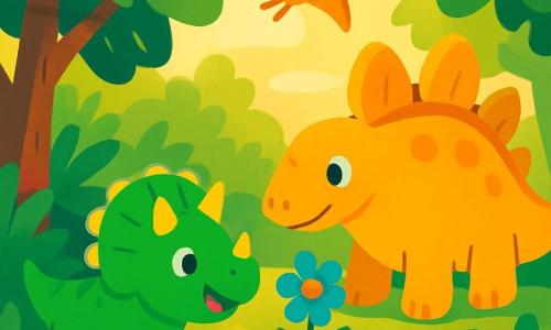 A small triceratops named Trico, with bright green skin and yellow horns, smiles happily while walking in the jungle. Next to him, a large stegosaurus named Steggy, with golden plates on his back and a friendly expression, admires a large blue flower. The jungle is lush, filled with tall trees and soft light filtering through the branches. Trico and Steggy discover a shiny rock together, their eyes sparkling with excitement, while a small dino bird joyfully flies above them, adding a touch of magic to their adventure.
