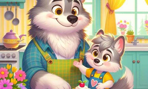 Wally, a small wolf with fluffy gray fur and bright eyes, stands in a sunny kitchen with a big smile on his face, holding a plate of golden pancakes. He wears a colorful little apron and looks very proud of his surprise for his father. Next to him, Mr. Wolf, an adult wolf with darker fur and gentle eyes, gazes in wonder at the pancakes, his face beaming with happiness and love. He sits at the table, ready to enjoy the breakfast prepared by his son. The kitchen is warm and inviting, with pastel yellow walls, sunlight streaming through the windows, and colorful kitchen utensils hanging on the walls. A bouquet of fresh flowers sits on the table, adding a cheerful touch to the scene. The main focus shows Wally proudly revealing his Father's Day surprise, with tasty pancakes and a handmade card, creating a moment of joy and bonding between father and son.