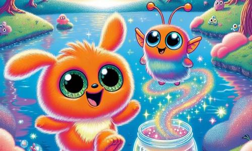 Zippity, a small orange Fluff with sparkling green eyes and shimmering wings, joyfully hops by a sparkling lake on the planet Glimmergale, his face beaming with excitement. Beside him, Bloop, a tall, slender alien with shiny blue skin and large floppy ears, smiles enthusiastically while holding a jar filled with colored water, ready to share their discovery. The setting is a fairy-tale landscape with pink cotton hills and glittering trees, while the lake reflects vibrant colors under the sun. The main scene shows Zippity and Bloop dancing happily by the lake, surrounded by Glimmers swirling around them, creating a spectacle of light and colors.