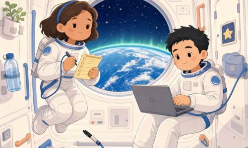 Uma astronauta chamada Lúcia, rosto doce e sorridente, cabelo castanho curto sob uma faixa, flutua serena numa roupa espacial branca com detalhes azuis segurando uma pequena checklist amarela com caneta presa por velcro; à direita, a alguns metros, Jin, cerca de 35 anos, rosto amigável e cabelos pretos, sentado no ar ajustando um portátil cinza; interior do módulo com paredes brancas curvas, hublôs redondos, alças coloridas e compartimentos fechados, janela com estrelas, a Terra azul com nuvens e uma tênue aurora verde no polo; objetos como garrafa de água, caneta e pequena toalha presos por velcro flutuam levemente; cena de preparação noturna, luz suave e quente, atmosfera calma, estilo kawaii minimalista em cores pastéis e formas arredondadas.