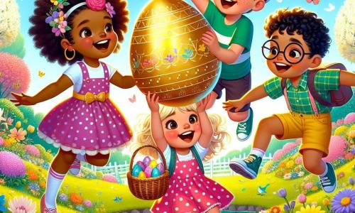 In einem schönen Frühlingsgarten stehen vier Freunde zusammen, umgeben von bunten Blumen. **Mia** ist ein 9-jähriges Mädchen mit lockigem Haar und einem großen Lächeln. Sie trägt ein rosa gepunktetes Kleid und hält ein großes goldenes Ei in den Händen, strahlend vor Freude. **Max**, ein 9-jähriger Junge mit braunem Haar und Sommersprossen, trägt ein grünes T-Shirt und Shorts. Er beugt sich vor, mit weit aufgerissenen Augen der Überraschung, und zeigt auf das goldene Ei. **Lotte**, ein 9-jähriges Mädchen mit geflochtenem blondem Haar, trägt eine blaue Bluse und gelbe Hosen. Sie springt vor Freude mit erhobenen Armen, voller Energie. **Ben**, ein 9-jähriger Junge mit Brille und braunem Haar, trägt ein kariertes Hemd. Er steht etwas im Hintergrund, beobachtet mit einem zufriedenen Lächeln und hat die Hände in den Hosentaschen. Der Garten ist voller leuchtender Blumen, mit schwirrenden Schmetterlingen und einem kleinen Teich, der in der Sonne glitzert. Im Hintergrund spendet ein großer blühender Baum Schatten und Frische. Die Hauptsituation zeigt die Kinder, die gemeinsam das große goldene Ei entdecken, ein Symbol für ihr Osterabenteuer, mit Ausdrücken von Freude und Aufregung auf ihren Gesichtern, die ihre Freundschaft und ihren Erfolg feiern.