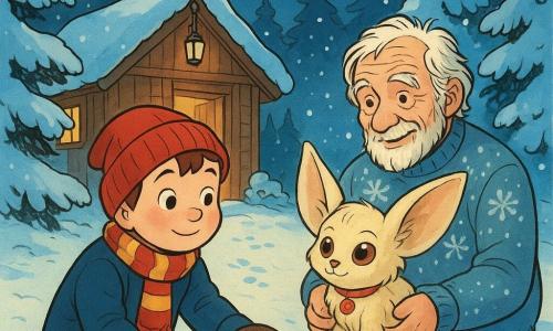A 6-year-old boy with a round face, rosy cheeks, curious eyes and a brave, awed expression wears a red hat, striped scarf, navy coat and mittens as he gently touches a small red sled in the snow; an approximately 70-year-old man with white, tousled hair and a kindly, wrinkled face in a snowflake sweater holds a small cream-furred, big-eared creature with a red bell at its neck beside a fire visible through an open door; the creature, seated near the sled, looks gratefully at the boy; the scene is a snowy fir-forested clearing with a warm-lit wooden cabin, lantern on a branch, tiny footprints, deep blue sky and falling flakes, conveying a warm Christmas, magical atmosphere, close framing on the three figures with the sled in the foreground.