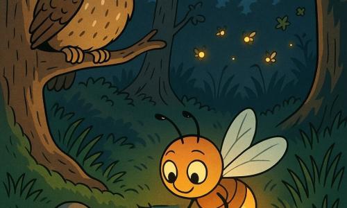 The main character is Flick, a small anthropomorphic firefly—glowing, brave but slightly shy, round-bodied with translucent wings and big bright eyes—her yellow-orange light gently flickering as she hovers above a stream and watches her reflection; the secondary character is Toot, a large fluffy brown owl with white spots, a wise gaze and calm smile, perched on a branch above and to Flick’s left, tilting his head to reassure her; a small stone on the ground reflects Flick’s light and a few smaller fireflies flit in the background; the setting is a nighttime forest clearing with massive tree trunks, thick green moss, tall swaying grasses, a sparkling stream and a silver moon casting soft long shadows; the scene shows Flick learning not to fear the dark as she watches her reflection and Toot comforts her, with friendly tree-shadow silhouettes and a peaceful contrast between Flick’s warm glow and the moon’s cool light.