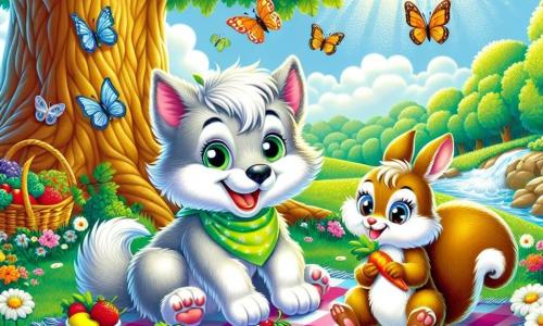 An illustration depicts a young wolf with soft, silver fur and sparkling eyes, sitting on a colorful blanket surrounded by fresh vegetables, smiling broadly in excitement for the picnic. Next to him, a small brown squirrel with bright eyes holds a carrot, bouncing joyfully with a mischievous expression. A happy white rabbit with large ears shares a slice of berry pie, sitting directly across from the young wolf. The main setting is a sunlit green field with colorful flowers swaying in the breeze. A majestic oak tree provides shade, while a sparkling stream nearby adds a touch of magic to the scene. The primary situation shows friends gathered for a joyful picnic, celebrating their garden and friendship, sharing laughter and treats amidst the beauty of nature. Additional graphic elements include plates of colorful vegetables, a tempting berry pie, butterflies fluttering around them, and sunlight filtering through the tree's leaves.