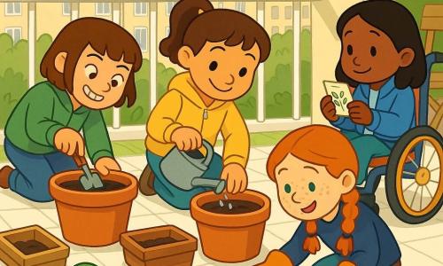 Quattro bambine: Sofia (circa 9 anni, capelli castani raccolti, giacca giallo chiaro) è accovacciata al centro del balcone e versa acqua da un piccolo annaffiatoio su un vaso; Giulia (circa 10 anni, capelli corti con frangia, giacca verde) a sinistra scava la terra con una paletta sorridendo; Lina (circa 9 anni, capelli neri lisci, giacca blu) a destra su una piccola sedia a rotelle tiene un pacchetto di semi prima di piantarli; Marta (circa 8 anni, capelli rossi intrecciati, guanti da giardinaggio troppo grandi) è inginocchiata vicino ai vasi e raccoglie una foglia secca con una paletta per metterla in un secchio. Ambientazione: balcone soleggiato al primo piano con pavimento chiaro, ringhiera bianca, due grandi vasi in terracotta e una fioriera in legno, vista sui tetti rossi e palazzi, una sedia pieghevole, un annaffiatoio verde, un sacco di terra aperto e un compost visibile giù nel giardino. Situazione: le bambine piantano basilico e calendula; si vedono terra scura, piccoli buchi, semi nelle mani, gocce d’acqua e vaporini di freschezza; atmosfera primaverile con luce calda del mattino, nuove foglie verdi, un uccellino sulla ringhiera e un’ape vicino a un fiore.