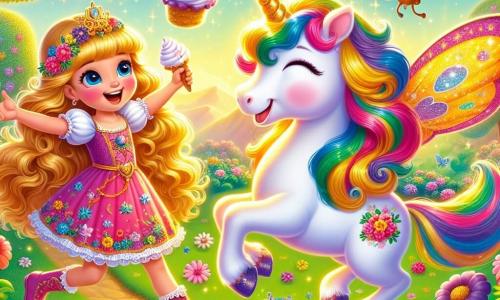 La principessa Lalla, una ragazza di circa 8 anni, ha lunghi capelli dorati e indossa un vestito colorato decorato con fiori. Sorride felice, con le braccia aperte, pronta a divertirsi. Accanto a lei c'è Piumetta, una licornia magica con un manto bianco splendente e una criniera arcobaleno che brilla al sole. Salta gioiosamente con occhi vivaci. Sullo sfondo si estende un giardino incantato, pieno di fiori multicolori e alberi danzanti, illuminato da una dolce luce dorata. Sopra di loro vola Farfallina, una farfalla gigante con ali brillanti e colorate, aggiungendo magia all'atmosfera. La scena principale mostra Lalla e Piumetta mentre gustano panna montata che fluttua intorno a loro, ridendo insieme e creando un'atmosfera gioiosa e ludica.
