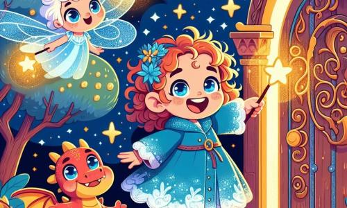 Una bambina di 6 anni, con capelli ricci e un grande sorriso, si trova davanti a una porta in legno intagliato, circondata da luci scintillanti. Indossa un cappotto blu brillante che sembra fluttuare attorno a lei, e i suoi occhi brillano di eccitazione e curiosità. Accanto a lei, un piccolo drago rosso di nome Fiamma, con squame scintillanti e occhi vivaci, vola gioiosamente nell'aria, le ali spiegate, pronto a accompagnarla nell'avventura. Un po' più in là, una fata luminosa di nome Luce, con ali traslucide e un vestito scintillante, alza la sua bacchetta magica per illuminare il cammino, il suo volto radioso di determinazione. Lo scenario è un parco magico, dove gli alberi hanno foglie dorate e le nuvole sembrano dolciumi. Stelle brillano in un cielo crepuscolare, aggiungendo un tocco di mistero all'atmosfera. La scena principale mostra Lella, Fiamma e Luce pronti a varcare la porta magica, uniti nella loro missione di proteggere la barriera tra il mondo umano e quello fantastico, circondati da un'aura di magia e avventura.