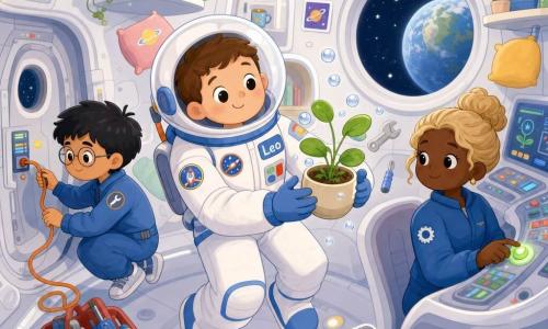 Un astronauta llamado Leo, sonriente y de rostro redondo con cabello castaño corto bajo un casco transparente, viste un traje blanco y azul con parches y sostiene delicadamente una pequeña planta en maceta flotante; una ingeniera de unos 30 años con el pelo rubio recogido en un moño mira desde la consola y pulsa un botón luminoso a su derecha; un niño mecánico de unos 10 años, con pelo negro y gafas redondas, ajusta un cable naranja junto a la puerta del módulo agachado a la izquierda del protagonista; el interior es un módulo espacial acogedor de paredes gris claro con escotillas que muestran estrellas y la Tierra, estanterías con herramientas coloridas y cojines flotantes; Leo cuida la planta en microgravedad mientras pequeñas burbujas de agua brillan, en una atmósfera suave, segura y colaborativa.