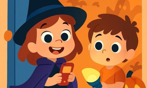 Una niña de 4 años, Luna, con grandes ojos brillantes y una sonrisa radiante, lleva un sombrero de bruja negro y una capa violeta que flota a su alrededor. Está frente a una puerta, impaciente y alegre, sosteniendo un teléfono de juguete en sus manos pequeñas. A su lado, su amigo Nico, un niño de 4 años con cabello castaño desordenado y una expresión curiosa, sostiene una linterna azul que ilumina su rostro con una suave luz. Su casa está decorada para Halloween, con guirnaldas de papel naranja y negro, sombras danzantes en las paredes y una gran calabaza sonriente sobre la mesa, emitiendo una cálida luz naranja. Luna y Nico se preparan para jugar juntos, rodeados de un ambiente festivo y amigable, mientras el viento sopla suavemente afuera, trayendo una melodía ligera y alegre.