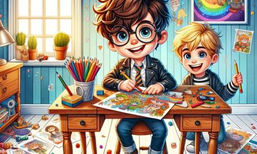Ein 9-jähriger Junge, Max, mit zerzausten braunen Haaren und leicht schiefen Brillen sitzt an seinem Schreibtisch und lächelt strahlend. Er hält einen bunten Stift in der Hand und betrachtet stolz seine wunderschöne Illustration einer magischen Welt voller fantastischer Kreaturen. Neben ihm ermutigt sein bester Freund Leo, ein 9-jähriger Junge mit blonden Haaren und funkelnden Augen, ihn mit einem breiten Lächeln, während die beiden Freunde von bunten Papierblättern und verstreuten Stiften umgeben sind. Der Ort ist ein warmes Kinderzimmer, dekoriert mit bunten Postern an den Wänden, einem großen Holztisch und unordentlichen Spielzeugen auf dem Boden, was eine kreative und fröhliche Atmosphäre schafft. Die Hauptsituation zeigt Max, der voller Selbstvertrauen seine Lieblingsabenteuer zeichnet, während Leo ihn anfeuert, was das Thema Selbstvertrauen und Freundschaft verdeutlicht.