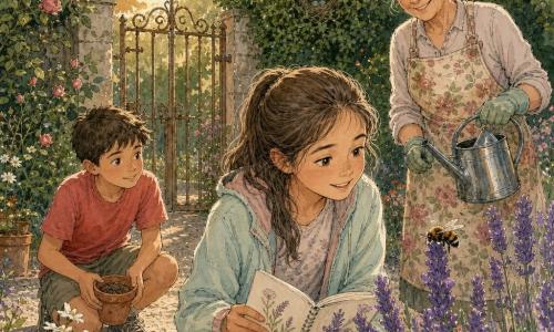 Inês, menina de 12 anos, sorridente e maravilhada, cabelo castanho em rabo, veste leve em tons pastel, segura um pequeno caderno de desenho aberto e observa uma abelha pousada numa flor de lavanda a poucos centímetros; Dona Celeste, mulher de cerca de 70 anos, cabelo grisalho preso em coque, com avental floral e luvas de jardinagem, está ligeiramente atrás à direita, sorrindo e segurando um regador metálico; Tiago, menino de ~10 anos de cabelo curto e camiseta colorida, está agachado à esquerda com um vasinho de terra, olhando curioso para Inês; o jardim é um espaço fechado com portão de ferro forjado enferrujado, caminhos de cascalho claro, canteiros de lavanda, margaridas e rosas, e uma sebe densa com um ninho visível; cena calma de fim de tarde, luz suave, sombras longas, paleta pastel, traço de tinta fino e lavados coloridos.