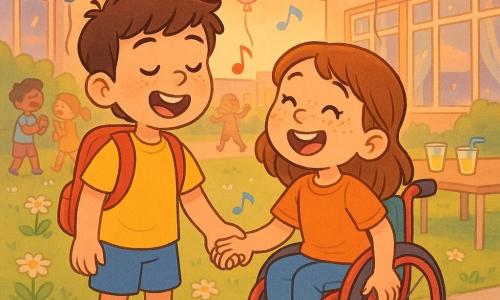 Twee kinderen: Finn, jongen 6 jaar, donkerbruin haar, brede glimlach, lichte sproeten, geel T‑shirt en blauwe short, links staand, houdt Noors hand en zingt; Noor, meisje 6 jaar, kastanjebruin haar, veel kleine sproeten, stralende ogen, zit rechts in een kleurrijke rolstoel (rood met groen kussen), zingt mee, hand op de wielrand en de andere in Finns hand. Locatie: schoolplein bij zachte schemer, groen gazon met madeliefjes, lichte tegels, lage tafels met limonade, pastelkleurige slingers en ballonnen (roze, blauw, geel), schoolgebouwen met grote ramen en witte gordijnen, oranje lucht en lange warme schaduwen. Situatie: feestelijke sfeer — Finn en Noor zingen en wiegen samen in het midden van het plein, stemmen verenigen zich, omstanders lachen, vage spelende kinderen op de achtergrond, zachte aquarelsfeer met eenvoudige, afgeronde vormen en verzadigde pasteltinten.