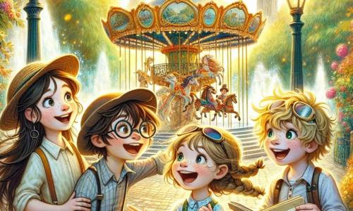 W magicznej scenie czterech przyjaciół stoi w centrum zaczarowanego parku. Ania, 10-letnia dziewczynka z długimi brązowymi włosami i okrągłymi okularami, uśmiecha się z zachwytem, wskazując na kolorową karuzelę. Obok niej stoi Mikołaj, 11-letni chłopiec z rozczochranymi blond włosami, który radośnie śmieje się, unosząc ręce, jakby chciał dotknąć chmur. Po lewej stronie znajduje się Kasia, 9-letnia dziewczynka z warkoczami i słomkowym kapeluszem, trzymająca szkicownik, gotowa uwiecznić magiczny moment. Na końcu Tomek, najmłodszy, 8-letni chłopiec z okularami przeciwsłonecznymi na czole, patrzy z szeroko otwartymi oczami, trzymając w rękach małego drewnianego smoka. Park jest wypełniony kwitnącymi kwiatami i drzewami z złotymi liśćmi, a delikatne złote światło przenika przez gałęzie. W tle stara kamienna fontanna cicho szumi, otoczona fantastycznymi stworzeniami, takimi jak wróżki i gobliny, które z ciekawością obserwują dzieci. Główna sytuacja pokazuje dzieci odkrywające mały złoty klucz ukryty na jednym z koni karuzeli, symbolizujący początek ich magicznej przygody w kierunku zamku w chmurach.