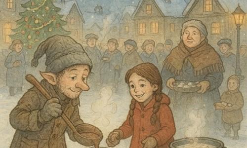 Main character: a small being named Tinselwick, an urban elf living among chimneys, gentle focused expression, mischievous sparkling eyes, worn wool cap, mittens-stitched boots, shabby but clean coat; he holds a large wooden ladle and pours hot chocolate into a cup, slightly leaning forward. Secondary: Nessa, about 10, braided hair, bright red jacket, warm smile and proud look, pulling a sled with a large pot of boiling milk to Tinselwick’s right. Secondary: Mrs. Thistledown, a sturdy old woman with a fringed shawl and calloused hands, gruff but kind, setting a huge cast-iron pot on a tripod behind them. Optional: Mrs. Bramble, the baker, round with a flour-dusted apron, offering a box of marshmallows near a stall in the background. Location: village square on a winter night, fresh snow on the ground, wrought-iron lampposts casting warm yellow light, a large decorated Christmas tree, wooden houses with snowy roofs and smoking chimneys. Main situation: communal cozy scene—hot chocolate being served into varied cups, white steam rising in curls, smiling villagers gathered and warming themselves, falling snowflakes, composition centered on the pot and main characters, warm color palette contrasted with the cold blue of night.