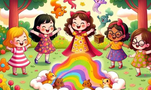 In a sunny garden in Gigglewood, four seven-year-old girls stand in a circle, surrounded by colorful flowers and trees with shiny leaves. Zara is at the center, a girl with curly brown hair and a big smile, wearing a flowing red cape and holding a small wooden chest, her eyes sparkling with excitement. Lila, to her right, has curly blonde hair and is wearing a flower dress, raising her arms to catch a cloud of colorful smoke escaping from the chest. Mia, to Zara's left, has brown hair and round glasses sliding down her nose, laughing heartily with her hands on her hips as she watches funny animal shapes dancing in the air. Bella, on the far left, has straight black hair and is wearing a striped shirt, trying to hide behind a tree but her mischievous smile gives her away. The garden is filled with vibrant flowers, fluttering butterflies, and a clear blue sky, creating a joyful and magical atmosphere. In the foreground, a cloud of colorful smoke rises from the chest, forming silhouettes of funny animals like a dancing cat and a hopping frog, adding a humorous touch to the scene. The girls are ready for a fantastic adventure full of laughter and surprises.