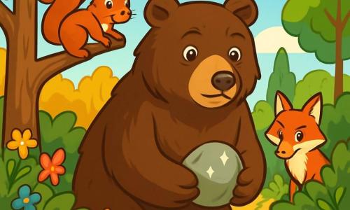 A majestic bear with dark brown fur and gentle eyes stands by a shimmering river, its expression full of determination and wisdom. Beside it, a small squirrel with sparkling eyes and a bushy tail climbs a branch, closely watching the bear. A cunning fox, with bright orange fur and a bushy tail, sneaks through the bushes, ready to help. In the background, a lush forest stretches out, with trees bearing golden leaves and colorful flowers, while a clear blue sky brightens the scene. The bear, surrounded by its friends, prepares to restore the flow of the river, holding a shining stone in its paws, a symbol of their heroic quest.