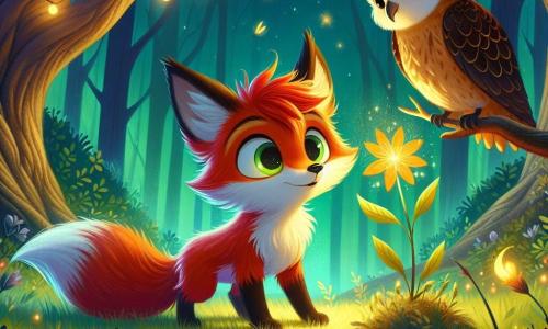 A young fox with bright red fur and curious sparkling eyes stands in the center of the scene, its face lit up with wonder as it discovers a magical flower that shines like stars. Beside it, a wise owl with brown and golden feathers perches on a branch, observing with a kind gaze and a slight smile, as if encouraging the fox in its quest. In the background, an enchanted clearing is surrounded by majestic trees with gnarled trunks, their leaves shimmering in the soft light of dusk, while fireflies dance in the air, adding a touch of magic to the atmosphere. The scene captures the moment the amazed fox approaches the glowing flower, ready to discover the hidden treasure of the forest.