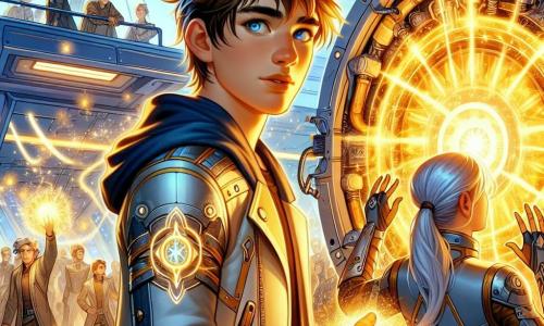 A young man, Kael, around 16 years old with tousled hair and curious eyes, stands in front of a glowing fusion core, his face lit by a golden glow. He wears a suit combining magical fabrics and technological elements, with shimmering runes on his arms. Beside him is Captain Rynn, a woman in her thirties with long silver hair, wearing light armor, focused and determined, casting protective spells. In the background, an engineer, a young woman around 20, covered in grease and glowing runes, adjusts cables around the fusion core, her face marked by worry. The setting is the central room of Starforge, with shiny metal walls, floating holographic screens, and sparks of energy in the air. The fusion core at the center pulses with bright light, surrounded by cables and conduits, while threatening shadows of wraiths float around, creating a tense and dynamic atmosphere. The main scene shows Kael, focused and determined, using his wand-pistol to harmonize magic and technology, while Captain Rynn supports him with glowing spells, fighting together against dark forces.