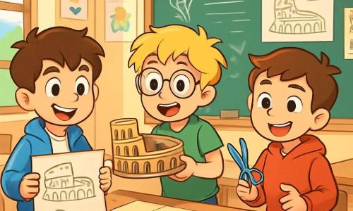 Ci sono 3 personaggi: - Luca: un ragazzo di 10 anni, con capelli castani e occhi vivaci. Indossa una nuova giacca blu e un grande sorriso. È a sinistra, tiene un cartone con i disegni del loro progetto. - Marco: un ragazzo di 10 anni, con occhiali tondi e capelli biondi arruffati. Indossa una maglietta verde e sta mostrando un modello in miniatura del Colosseo. Si trova al centro, leggermente inclinato in avanti con entusiasmo. - Tommaso: un ragazzo di 10 anni, con capelli castani e un viso felice. Indossa un felpa rossa e tiene delle forbici in una mano. È a destra, pronto ad aiutare i suoi amici a finalizzare il progetto. La scena si svolge in un'aula luminosa e colorata, con muri decorati da disegni di bambini e poster educativi. I banchi di legno sono disposti in cerchio e al centro, una grande lavagna nera è piena di note e schizzi. La luce del sole entra dalle finestre, illuminando lo spazio. I tre amici stanno presentando il loro progetto sul Colosseo ai compagni di classe. Sono entusiasti e sorridenti, condividendo il loro lavoro con orgoglio, mentre i compagni li ascoltano attentamente, catturati dalla loro presentazione.