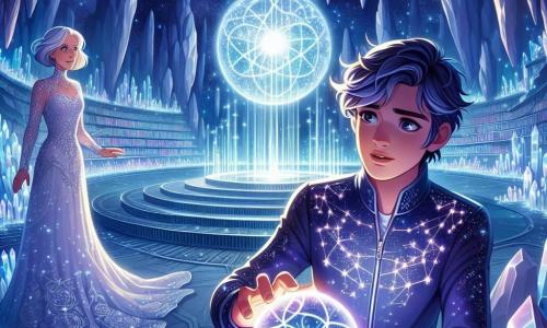 Au centre da imagem, Zephyr, um jovem com cabelos cor de crepúsculo e olhos brilhantes como estrelas, está com um olhar determinado e maravilhado. Ele veste um traje espacial brilhante decorado com padrões de constelações e estende a mão em direção a um Orbe do Infinito luminoso que flutua diante dele, pulsando com energia mágica. À sua direita, Lyra, uma mulher de cerca de 60 anos, com cabelos prateados e um vestido fluido que brilha como cristal, observa com um sorriso benevolente. Ela está perto de uma grande biblioteca de cristal, cercada por livros flutuantes que brilham com uma luz suave. O cenário é uma caverna escondida dentro de um asteroide, com paredes de cristal cintilante em tons de azul e roxo, iluminadas por estrelas que brilham do lado de fora. Fios de luz dançam ao redor das paredes, criando uma atmosfera mágica e encantadora. A situação principal mostra Zephyr, maravilhado, prestes a tocar o Orbe do Infinito, enquanto Lyra o encoraja, criando um momento de tensão e excitação nesta aventura espacial.