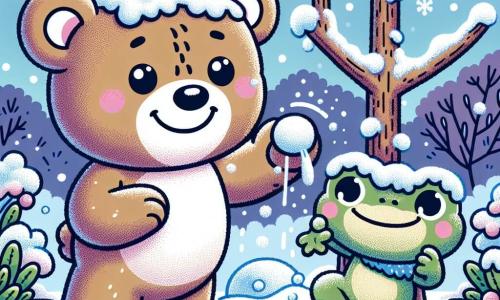 Ein Teddybär namens Bruno, mit braunem, weichem Fell und einem breiten Lächeln, steht inmitten eines verschneiten Gartens. Er schüttelt den Schnee von einem Baum, seine Augen funkeln vor Freude und Aufregung. Neben ihm springt ein kleiner grüner Frosch namens Felix mit großen runden Augen und einem schelmischen Lächeln im Schnee und lacht. Der Garten ist mit einem dicken Mantel aus glitzerndem Schnee bedeckt, die Bäume sind mit Schneeflocken beladen, und die Büsche sind unter großen Blättern verborgen. Die Szene strahlt Glück und Kameradschaft aus, während Bruno und Felix ihren Garten für den Winter vorbereiten, umgeben von sanft fallenden Schneeflocken.