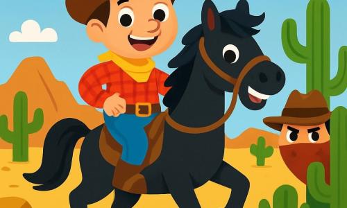 Cowboy Sam, een man met een stralende glimlach en sprankelende ogen, draagt een bruine cowboyhoed en een rood geruite overhemd. Hij klimt op zijn paard, Bliksem, een prachtig zwart paard met een glanzende manen, in een woestijnlandschap. Bliksem, Sams paard, hinnikt vrolijk, zijn hoeven slaan op de stoffige grond. Het decor is een uitgestrekte woestijn vol groene cactussen en gouden rotsen onder een stralende blauwe lucht, met verre bergen aan de horizon. Sam, vastberaden en enthousiast, bereidt zich voor om op zoek te gaan naar de Gouden Hoed, terwijl sluwe bandieten zich achter een cactus verstoppen, klaar om de schat te stelen.