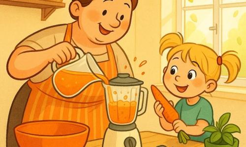 Die Protagonistin ist Tante Amélie, eine rundgesichtige lächelnde Frau mit glänzenden Augen und kastanienbraunem Haar zu einem Dutt gebunden, konzentriert und fröhlich in einem orange gestreiften Schürzen, wie sie Orangensaft in einen Mixer gießt; daneben steht das etwa 6–7-jährige Mädchen Lina mit blonden Zöpfen auf einem kleinen Tritt, neugierig eine glänzende Karotte waschend und helfend. Auf dem hellen Holztisch liegen eine große orange Schüssel, leuchtende Karotten, ein kleines Topf Basilikum und ein glänzender Zestenreißer. Die helle Küche mit blassgelben Wänden, Holzregalen mit Glasgefäßen und Korb, ein offenes Fenster lässt Blätter und Sonnenstrahlen herein. Szene: die Frau bereitet ein sommerliches Püree, der cremige Mixer spritzt leicht, das Mädchen schaut bewundernd zu. Farbpalette: warme Orange-, frische Grün- und Holz­töne mit weißen Akzenten. Grafikstil: weiche Linien, feine schwarze Konturen, einfache expressive Texturen, warme einladende Atmosphäre.