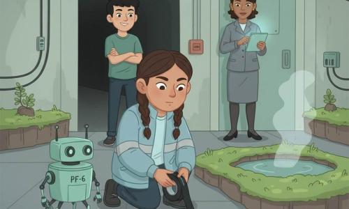 Ein 12-jähriges Mädchen mit rundem Gesicht, braunen Zöpfen und einer leichten Jacke mit Reflexstreifen hockt und wickelt Isolierband um ein beschädigtes Kabel; ein kleiner Gartenroboter PF-6 mit sechs dünnen Beinen, matt mintfarbenem Metallkörper und runden LED-Augen klackert nahe dem Nebelbecken und hält eine Mini-Schaufel, als würde er helfen; ein etwa 14-jähriger Junge (Jaro) mit kurzem Haar und schelmischem, respektvollem Lächeln steht hinter dem Mädchen am Tunneleingang mit verschränkten Armen und beobachtet die Gruppe; eine erwachsene Frau (Inspektorin Saito, ca. 40) in schlicht grauer Uniform, professionell und aufmerksam, steht hinten nahe der Eingangstür und hält ein leuchtendes Tablet; der Ort ist ein Instandsetzungsraum, in eine Oase verwandelt, mit grauem Plattenboden, strukturierten Betonwänden, einem kleinen zentralen Becken mit aufsteigendem feinem Nebel, Moisterrassen und kleinen Farnen sowie ordentlich verlegten Kabeln an den Wänden; die Hauptsituation ist eine ruhige, kollaborative Szene, in der das Mädchen ein Kabel repariert, um den Rhythmus der Nebelfontäne wiederherzustellen, während die Gruppe respektvoll wartet, das Licht ist weich und kühl mit einer Palette aus Mintgrün, warmen Grautönen und blassen Blautönen.