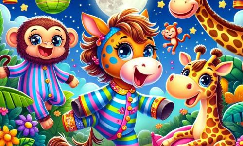 Un caballo llamado Coco, con una hermosa melena despeinada y ojos brillantes de curiosidad, salta de alegría en el centro de la escena, llevando un pijama a rayas de colores vivos. A su derecha, el mono Bobo, con pelaje marrón y una gran sonrisa, lleva un pijama con estampado de plátanos y hace muecas divertidas. A su izquierda, la gran jirafa Lila, con su largo cuello manchado y gafas de noche, sostiene un cojín suave, lista para sentarse. Al fondo, un elefante llamado Titi, con orejas grandes y un pijama a rayas, se ríe a carcajadas mientras sostiene guirnaldas coloridas. La escena tiene lugar en una jungla exuberante, llena de plantas verdes, flores brillantes y farolitos centelleantes colgados de los árboles. Los animales se divierten juntos, listos para pasar una noche de risas y juegos bajo la suave luz de la luna.