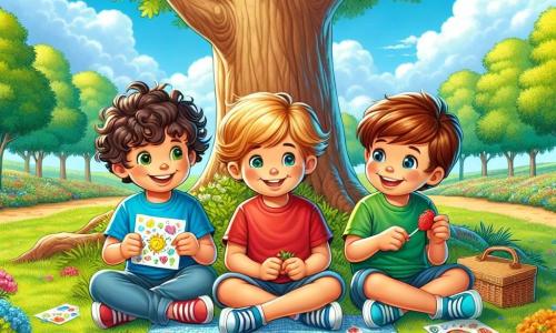 Tre ragazzi, Leo (8 anni, capelli castani e ricci, con una maglietta blu), Marco (7 anni, capelli biondi e lisci, con una maglietta rossa) e Tommaso (6 anni, capelli castano chiaro e ricci, con una maglietta verde), sono seduti sotto un grande albero in un parco soleggiato. Leo è a sinistra, tiene in mano una carta colorata, Marco è al centro, sorride con delle fragole in mano, e Tommaso è a destra, tiene dei biscotti e guarda i suoi amici con entusiasmo. Il parco è vasto, pieno di fiori dai colori vivaci, grandi alberi verdi e un prato ben curato. Il cielo è blu intenso, punteggiato da alcune nuvole bianche e soffici. I ragazzi stanno preparando una sorpresa per la festa della mamma, decorando biglietti fatti a mano e organizzando un picnic con prelibatezze per le loro mamme, ridendo e divertendosi insieme.