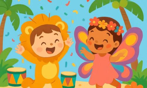 Un bambino di 2 anni, di nome Luca, è vestito da leone con una bella criniera dorata e un grande sorriso sul viso. Danza con entusiasmo, le braccia alzate, circondato da coriandoli colorati che volano intorno a lui. Accanto a lui, la sua migliore amica Lila, una bambina di 3 anni, è vestita da farfalla con ali multicolori e una corona di fiori in testa. Batte le ali con un grande sorriso, pronta a spiccare il volo. Lo scenario è un'isola soleggiata, piena di palme verdi, fiori brillanti e un cielo azzurro chiaro. Tamburi colorati e festoni di carta creano un'atmosfera festiva. La scena mostra Luca e Lila che danzano gioiosamente in mezzo a un carnevale animato, circondati da musica e risate, mentre cercano un uccellino triste che ha perso la sua piuma magica.