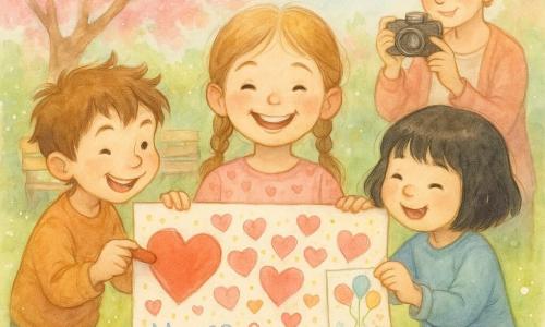 Valentina, 6 anni, radiosa, capelli castano chiaro in due trecce, vestito rosa pallido a cuoricini, tiene un grande cartellone colorato pieno di cuori e nomi; Marco, 6 anni, birichino e sorridente, capelli castani scompigliati, aggiunge un grande cuore rosso a sinistra; Sara, 6 anni, dolce e ridacchiante, capelli neri a caschetto, attacca piccoli palloncini disegnati a destra del cartellone; la maestra Sonia, donna di 30–40 anni, benevola con capelli biondi raccolti in chignon, tiene una macchina fotografica in disparte; nel giardino della scuola in primavera, prato verde, alberi fioriti rosa e cielo azzurro tenue; atmosfera calda e festosa di San Valentino scolastico, palette pastello rosa, rossi e verdi con texture acquerello e delicati riflessi bianchi.