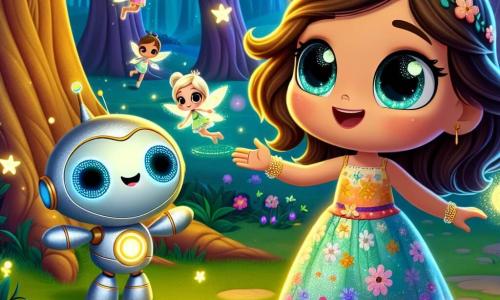 En el centro de la imagen, una niña de 6 años llamada Luna, con largos cabellos ondulados y ojos brillantes de curiosidad, sonríe con entusiasmo. Lleva un vestido colorido adornado con motivos florales y una capa mágica que brilla ligeramente. A su lado, un pequeño robot llamado Tico, de forma redonda con ojos luminosos y brazos articulados, levanta una mano amistosa mientras flota ligeramente sobre el suelo. Al fondo, se ve a Lila, un pequeño hada con alas brillantes de colores del arcoíris, que vuela alegremente alrededor de Luna. Lila tiene cabello dorado y lleva un vestido hecho de pétalos de flores. El escenario es un hermoso claro del bosque encantado, donde árboles majestuosos con troncos gruesos y hojas brillantes forman un marco mágico. Flores luminosas y luciérnagas bailan a su alrededor, creando una atmósfera de cuento de hadas. La escena principal muestra a Luna y Tico conversando con Lila, buscando una solución para reunir a las criaturas mágicas y a los habitantes de la ciudad tecnológica. La expresión de determinación en el rostro de Luna indica que está lista para enfrentar este desafío, mientras que Lila parece llena de esperanza.