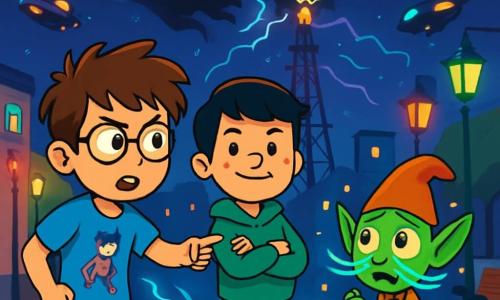 Hay 3 personajes: - Nico: Un niño de 10 años, con el pelo castaño desordenado y gafas redondas. Lleva una camiseta azul con un superhéroe y un pantalón corto rojo. Está a la izquierda, con una expresión decidida, señalando al duende. - Javi: Un niño de 10 años, con el pelo negro y pecas. Lleva una sudadera verde y un pantalón beige. Está en el centro, con los brazos cruzados y una sonrisa confiada. - El duendecillo: Una criatura mágica, pequeña y verde, con ojos brillantes como estrellas y bigotes de neón. Flota a la derecha, rodeado de pequeñas chispas, con una expresión preocupada. La escena tiene lugar en la animada plaza de LuzAlta, iluminada por farolas de colores. Al fondo, la Gran Torre Antena se eleva majestuosamente, con luces intermitentes y cables que serpentean. Coches voladores pasan por encima, mientras gatos leen tranquilamente periódicos en los bancos. La situación principal muestra a Nico y Javi, decididos a salvar su ciudad, frente al duende que les advierte de un peligro inminente. Rayos de magia azul bailan a su alrededor, mientras una sombra amenazante se cierne sobre la torre, lista para sumergir LuzAlta en la oscuridad.