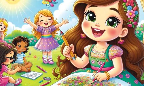 Una ragazza di 8 anni, Sofia, con lunghi capelli castani e occhi scintillanti di gioia, è seduta sull'erba verde di un giardino soleggiato. Indossa un vestito colorato decorato con fiori e sorride ampiamente tenendo una matita e un quaderno da disegno. Accanto a lei, la sua migliore amica Marta, anch'essa di 8 anni, con capelli biondi e occhiali, sta disegnando un campo di fiori, concentrata e felice. Più in là, Luca, un ragazzo di 7 anni con capelli castani, si diverte a fare bolle di sapone che fluttuano nell'aria, mentre Emma, una ragazza di 8 anni con capelli rossi, applaude ridendo. Il giardino è pieno di tulipani colorati, farfalle svolazzanti e un grande albero con fiori rosa, sotto un cielo blu splendente. La scena trasmette un'atmosfera di gioia e amicizia, dove i bambini si divertono a disegnare e giocare, celebrando la bellezza della primavera.