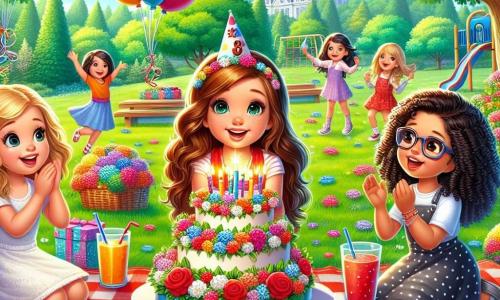 Clara, una ragazza di otto anni con lunghi capelli castani e occhi scintillanti, è al centro dell'immagine, sorridente mentre soffia le candeline su una grande e colorata torta di compleanno. Alla sua destra, Sofia, una ragazza di otto anni con capelli biondi e ricci, applaude con entusiasmo, mentre alla sua sinistra, Giulia, una ragazza di otto anni con capelli neri e occhiali, tiene un bicchiere di succo di frutta in alto per brindare. Il decor è un parco verde, pieno di fiori colorati e alberi maestosi. Una grande tovaglia a quadretti rossi è stesa sull'erba, circondata da palloncini multicolori che fluttuano nell'aria. Sullo sfondo, bambini giocano gioiosamente su un campo giochi, aggiungendo un'atmosfera festosa alla scena. Clara è circondata dalle sue amiche, festeggiando il suo compleanno con risate, giochi e una deliziosa fetta di torta, creando un'atmosfera di gioia e amicizia.