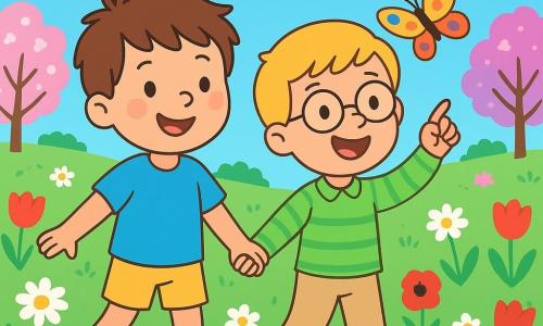 Ci sono due personaggi principali: Leo, un bambino di 5 anni con i capelli castani disordinati, che indossa una maglietta blu e pantaloni corti gialli, e Nico, un bambino di 5 anni con i capelli biondi e occhiali rotondi, vestito con una camicia verde a righe e pantaloni beige. Si trovano in un vasto prato verde costellato di fiori colorati: tulipani rossi, margherite bianche e papaveri vivaci. Il cielo è blu brillante con alcune nuvole bianche soffici. Leo e Nico, mano nella mano, esplorano felici il prato in primavera, affascinati dalla bellezza dei fiori e dal canto degli uccelli, mentre una delicata farfalla dalle ali multicolori danza intorno a loro, aggiungendo un tocco di magia alla loro avventura.