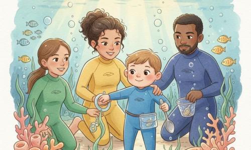 A tender scene in a shallow coral garden: a round-faced 4-year-old boy with light brown hair, wide eyes and a shy smile in a small blue wetsuit gently frees a marine plant from a plastic ring while dropping an old shiny spoon into a nearby dry bag; behind him, Marina, about 30, curly tied hair and a warm face in a yellow wetsuit kneels in the water, calmly guiding his hand, the mother (30–35) with long tied hair in a green suit smiles and holds the boy’s hand at the water’s edge to the left, and the father (30–35) with light beard in a dark suit stands to the right holding the bag with the spoon visible; colorful ear- and cushion-shaped corals, waving green seagrass, small silver and yellow fish, golden sunbeams and delicate bubbles create a safe, gentle atmosphere in a pastel watercolor palette with soft contrasts and white highlights on the water.