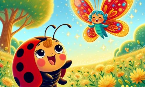 Una pequeña mariquita llamada Lila, con un cuerpo rojo brillante salpicado de manchas negras, expresa una gran alegría y determinación mientras vuela sobre un campo de flores doradas, con sus alas translúcidas brillando bajo el sol. A su lado, una mariposa colorida llamada Tania, con alas de patrones vibrantes en azul y naranja, sonríe y la anima, flotando graciosamente en el aire. Al fondo, un majestuoso árbol se erige, con sus ramas cargadas de hojas verdes, mientras un pequeño arroyo brilla a la luz del sol, añadiendo un toque de magia al paisaje. La escena muestra a Lila y Tania a punto de descubrir un campo de flores doradas que brillan como estrellas, simbolizando la aventura y la amistad.