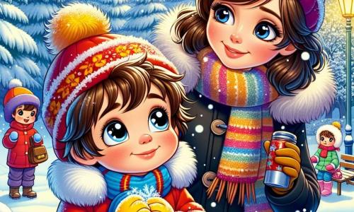 Un băiat de 6 ani, pe nume Matei, cu părul castaniu și ochi strălucitori de curiozitate, se află în mijlocul unui parc acoperit de zăpadă. Poartă o combinezon roșu aprins, o căciulă albastră și mănuși galbene, zâmbind cu uimire în timp ce își ridică brațele pentru a prinde fulgi de zăpadă care cad încet din cer. Lângă el, mama sa, o femeie de aproximativ 30 de ani, cu părul șaten prins într-un coc și un zâmbet cald, îl observă cu dragoste. Ea este îmbrăcată într-un palton negru și o eșarfă colorată, stând ușor înapoi, ținând un termos cu ciocolată caldă. Parcul este plin de copaci mari cu crengi grele de zăpadă, iar solul este acoperit cu un strat gros de zăpadă strălucitoare. Copiii se joacă în depărtare, construind oameni de zăpadă și făcând îngeri în zăpadă. Scena principală îl arată pe Matei, uimit de magia iernii, încercând să prindă fulgii de zăpadă care cad în jurul său, în timp ce mama sa îl încurajează cu o privire blândă și protectoare.