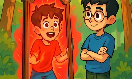 Um garoto de 12 anos, chamado João, com cabelos castanhos bagunçados e olhos brilhantes de curiosidade, está em frente a um grande espelho antigo, com uma expressão de surpresa e admiração. Ele usa uma camiseta vermelha e um short de jeans, com as mãos apoiadas na moldura do espelho, enquanto uma aura vermelha brilhante parece emanar dele, simbolizando sua descoberta das emoções. Ao seu lado, seu melhor amigo Miguel, também de 12 anos, com cabelos negros e óculos redondos, observa atentamente o espelho. Ele veste uma camiseta azul e uma calça cargo, com os braços cruzados, exibindo uma expressão de intriga e encorajamento. A cena acontece em uma floresta verdejante, com árvores majestosas e raios de sol filtrando pelas folhas, criando uma atmosfera mágica. O chão está coberto de folhas douradas e pequenas flores coloridas, adicionando vida ao ambiente. João descobre o espelho misterioso, fascinado por seu reflexo e pela luz vermelha ao seu redor, enquanto Miguel o incentiva a explorar essa nova aventura emocional.