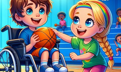 Un ragazzo di 8 anni, Mattia, con capelli castani arruffati e un grande sorriso gioioso, è seduto su una sedia a rotelle, tenendo un pallone da basket. I suoi occhi brillano di eccitazione e determinazione. Accanto a lui, una ragazza di 10 anni, Sara, con capelli biondi intrecciati e una maglietta colorata, lo incoraggia con un sorriso caloroso, mostrando come tirare a canestro. Sullo sfondo, un palazzetto luminoso con pareti dipinte di blu e canestri appesi, pieno di decorazioni colorate per una giornata speciale. La scena mostra Mattia che cerca di segnare un canestro, mentre Sara applaude con entusiasmo, creando un'atmosfera di amicizia e supporto.