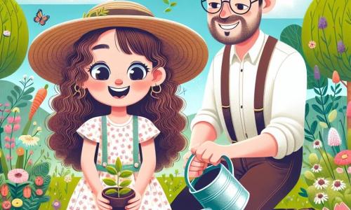 Una niña de 12 años, Lucía, con cabello castaño y rizado, sonríe mientras planta semillas en un pequeño jardín colorido. Lleva una blusa ligera con flores y un sombrero de paja, y sus ojos brillan de emoción y curiosidad. A su lado, su padre, un hombre de unos 40 años con barba castaña y gafas, la ayuda sosteniendo un regadera. Sonríe orgulloso, animando a su hija. El jardín está lleno de flores brillantes, verduras verdes y mariposas volando, bajo un cielo azul claro con nubes blancas esponjosas. La escena representa el momento en que Lucía y su padre plantan semillas juntos para celebrar la llegada de la primavera, simbolizando el renacimiento y la alegría de la naturaleza.