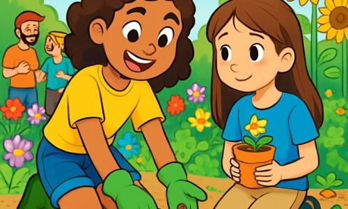 A 12-year-old girl, Tessa, with curly brown hair, smiling and full of energy, stands in the center of a community garden. She wears a bright yellow t-shirt and denim shorts, with green gardening gloves. She is planting seeds in the soil, her face radiating determination and joy. Next to her, Mia, another 12-year-old girl with straight brown hair and a shy yet amazed expression, watches Tessa. She wears a blue t-shirt and beige pants, holding a small flower pot in her hands, ready to help. The garden is lush, filled with colorful flowers, budding vegetables, and tall sunflowers swaying gently in the wind. In the background, smiling volunteers chat and laugh, creating a warm and welcoming atmosphere. The main scene shows Tessa and Mia working together in the garden, symbolizing friendship and mutual support as they plant seeds to nourish their community.