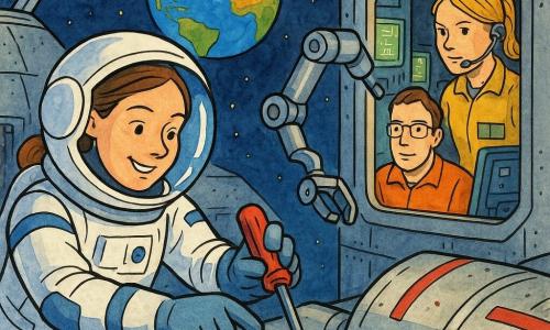Astronautka, uśmiechnięta i skupiona, okrągła twarz oświetlona wizjerem, brązowe związane włosy, biały skafander z niebieskimi pasami, delikatnie dokręca duży czerwony śrubokręt przy śrubie; spokojna, pewna postawa. Mężczyzna (Aki, ok. 35 lat), inżynier, uważny wyraz twarzy, krótkie włosy i okulary, we wnętrzu za włazem obsługuje srebrne ramię robotyczne podłączone do modułu. Kobieta (Hania, ok. 32 lata), techniczka, poważna i wspierająca, blond kitka, stoi przy kabinie przy zielonej konsoli, mówi przez mikrofon i patrzy na ekrany. Miejsce: zewnętrze metalicznej stacji kosmicznej, ciemnoniebieskie panele słoneczne, szare teksturowane powierzchnie, wizjery odbijają Ziemię i gwiazdy z cieniem atmosfery. Scena: spacer kosmiczny — astronautka dokręca oporną śrubę na srebrnym module z czerwonymi oznaczeniami, ramię robotyczne podtrzymuje element, koledzy prowadzą ją z wnętrza przez ekrany; współpraca i rozwiązane napięcie.