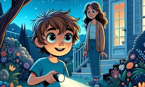 Een 12-jarig jongetje, genaamd Lukas, staat in zijn tuin onder een sterrenhemel, met verwonderde ogen. Hij heeft rommelig bruin haar, een blauwe t-shirt en een korte broek, en hij houdt een kleine zaklamp vast die zijn gezicht met een zachte gloed verlicht. Zijn moeder, een vrouw van ongeveer 35 jaar, staat bij de deur van het huis, glimlachend en zorgzaam, met lang, golvend haar, gekleed in een comfortabele trui en spijkerbroek. Ze kijkt met trots naar Lukas en moedigt hem aan om de magie van de nacht te verkennen. De tuin is gevuld met kleurrijke bloemen en grote bomen, badend in het zilveren licht van de maan, wat dansende schaduwen op het gras creëert. Sterren twinkelen aan de hemel en voegen een vleugje mysterie toe aan de sfeer. Lukas, vol opwinding en nieuwsgierigheid, is klaar om de wonderen van de nacht te ontdekken, met zijn zaklamp die zijn pad verlicht, klaar om zijn angsten onder ogen te zien en het avontuur tegemoet te treden.