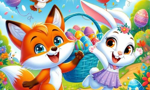 A little fox named Felix, with bright orange fur and sparkling eyes, holds a large blue basket filled with colorful eggs, hopping enthusiastically in a sunny clearing. Next to him, Bella, an adorable white bunny with big ears and a radiant smile, dances excitedly. A wise owl named Oliver, with brown feathers and round eyes, flies overhead, observing contentedly. The clearing is surrounded by lush trees, vibrant flowers, and colorful balloons floating in the air, creating a festive and joyful atmosphere. Felix and Bella celebrate the magic of Easter together, surrounded by shiny eggs and the laughter of animals, ready to enjoy the parade.